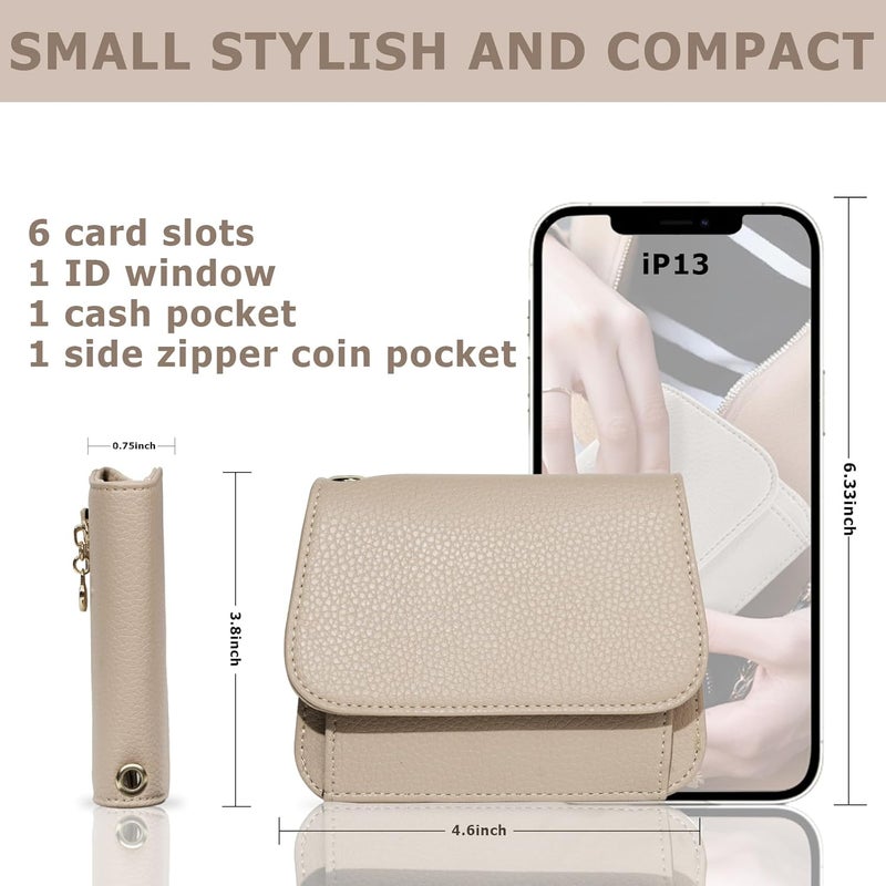 Sunpour Women Small Wallet RFID Blocking Slim Wallet with Coin Pocket Tri-Fold Credit Card Holder with ID Window and Keychain (Khaki) - Image 2